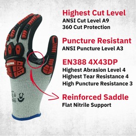 Cestus Brutus MD, Highest Level A9 Cut Resistant Impact Gloves, Gel Padded Palm, Foam Nitrile Coating, Puncture Resistant (2X-Large)