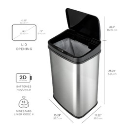 Ninestars Automatic Touchless Infrared Motion Sensor Trash Can, 13 Gal 50L, Stainless Steel Base (Rectangular, Black Lid), Black Trim