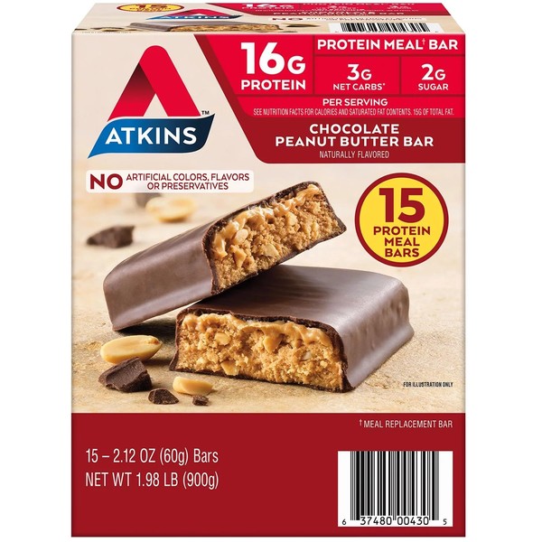 Atkins Chocolate Peanut Butter Meal Bars, High Fiber, 16g of