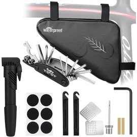 WOTOW Bolsa para Bicicleta con Kit de Herramientas, Bolsa Reflectante Impermeable Portátil con Kit Herramientas Reparación Mini Bomba para Bicicleta Carretera Montaña MTB (16 Pzs, Bolsa de Triángulo)