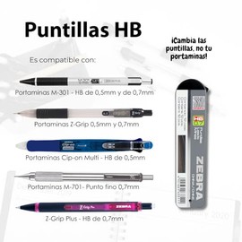 Zebra Puntillas HB De Grafito Para Portaminas Punto Fino (0.5 mm) Blíster 2 Tubos Con 12 Minas.