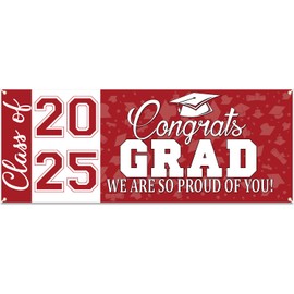 Graduation Banner Decorations 2025, Congrats Grad Class of 2025 Banner Sign for High School College Grad Party Indoor Outdoor Decorations (Red)