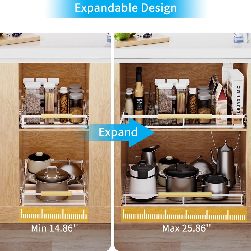 KIKIBRO Expandable Pull Out Drawer Cabinet Organizer, Adjustable Width Bottom-Mounted