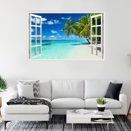 Erllsino Beach Seascape Wall Sticker Tropical Beach Fake Window Wall Stickers Palm Trees Faux Window Wall Decal Removable Blue Sea Beach Landscape Window View Wall Mural for Living Room