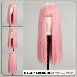 EMMOR Pink Wig With Fringe For Women Long Straight Wigs Synthetic For Girls Party Cosplay And Daily Use(26" Ombre Pink)