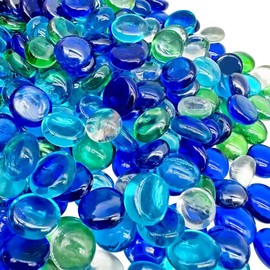 Glass Pebbles 900g Round Decorative Stones Coloured Glass Vase Beads Dark Blue Light Blue Transparent and Green Flat Stones about 17-20mm of Diameter Glass Gems for Vases Aquarium