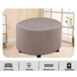 VIENLOVE Round Ottoman Slipcover Polyester Blend Footstool Protector Covers Stretch with Elastic Bottom Feature Textured Machine Washable Jacquard Fabric (Taupe, Large Size)