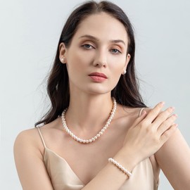 YONGMAN Freshwater Cultured Pearl Necklace Set Includes Stunning Bracelet and Stud Earrings Jewelry Set for Women Gift for Mother's Day, Anniversary, Birthday, Wedding