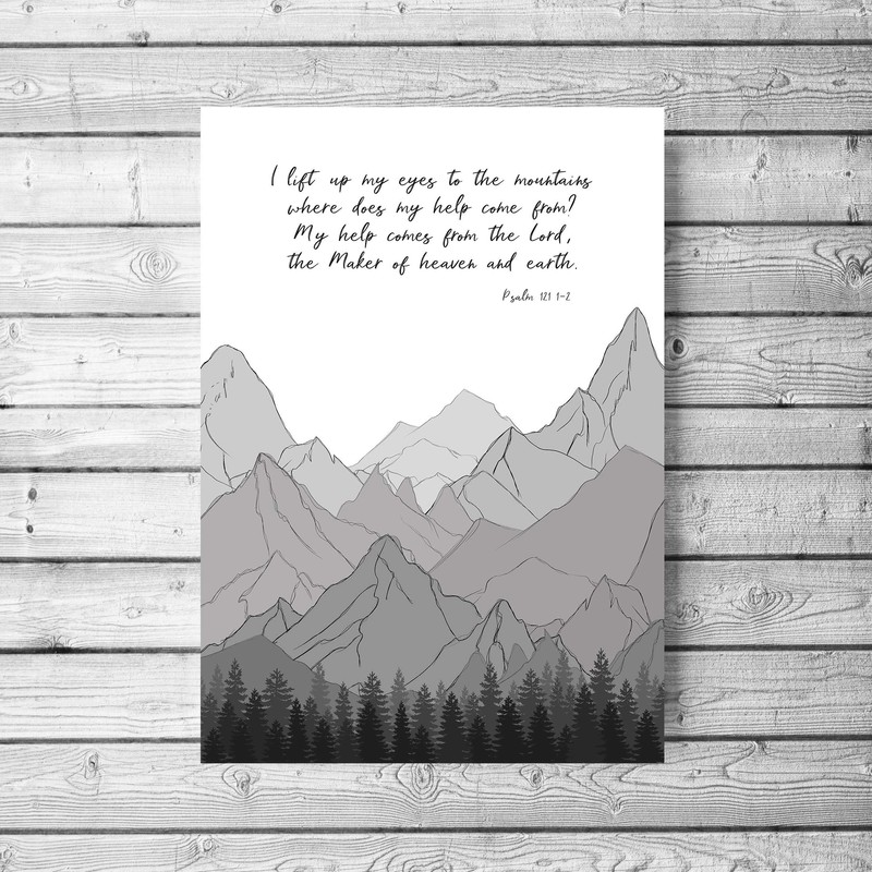 Psalm 121 Print, Mountains Wall Art Bible Verse Quote,Christian Men