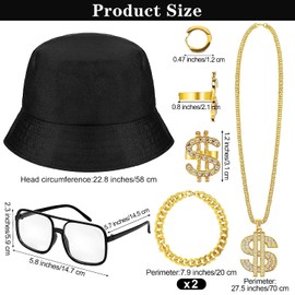 WUERKIYA 7 Pieces Hip Hop Costume Kit Old Style Cool Rapper Outfits Sunglasses Basket Hat Necklace Earrings Ring Bracelet Fancy Dress