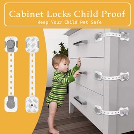 Fursafe&Q Child Safety Cabinet Proofing, Baby Cabinet Locks Adhesive Adjustable Child Safety Strap Locks Drawer Fridge Ovens Toilet Latches No Screws for Furniture Kitchen 12Pack