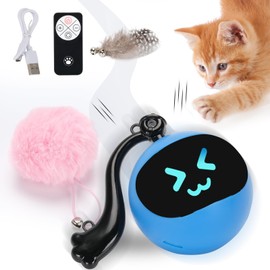 GoldSuccess Interactive Cat Toy Ball with Remote Control, Automatic Moving Cat Toy Ball with Feather Tail, USB Rechargeable,Electric Cat Toy for Chasing and Hunting Automatic Rolling Chase Ball(Blue)