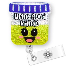 Urine Good Hands Funny Urology Badge Reel Holder Retractable | Cute Dialysis Tech Badge Reel with Alligator Clip & 24” Durable Nylon Cord for Urology Nurse Doctor Urologist & Medical Worker | Acrylic