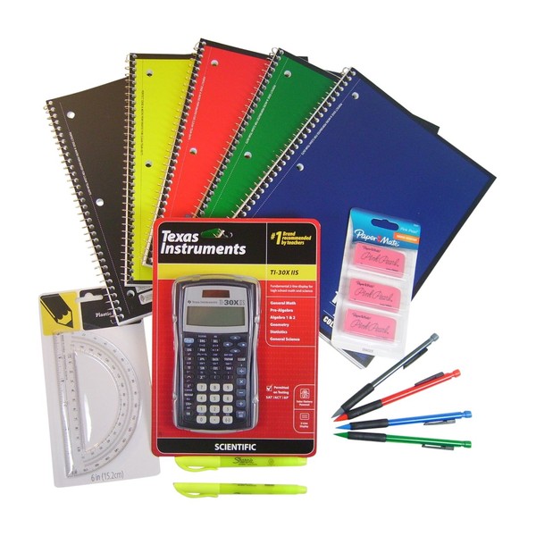Back to High School & College 14 Item Bundle with Texas Instruments TI-30X IIS Scientific Calculator with School Supplies