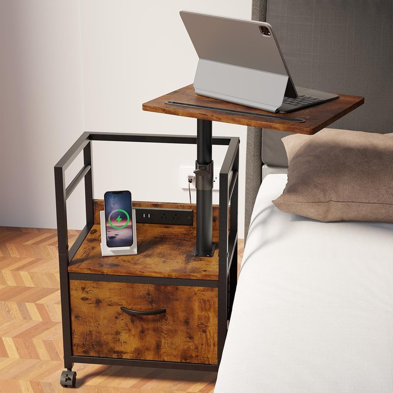 Swivel Lift Top Nightstand with Charging Station, 2-Tier 360° Adjustable
