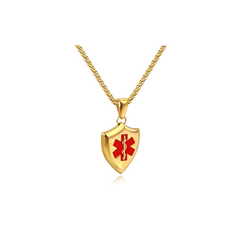 OIDEA Men's Pendant with Necklace Medical Alert Shield Pendant Gold
