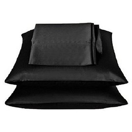 2 Pieces of 350 Thread Count Solid Color Soft Silky Satin Pillow Cases/Protector/Cover (Black, Queen)