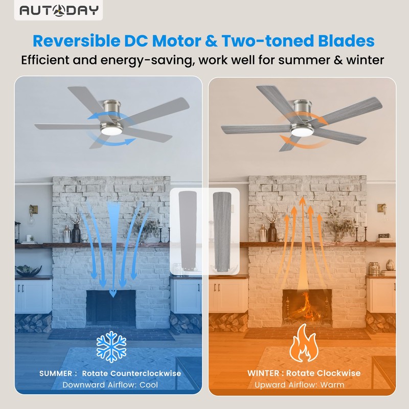 Autoday 52 Inch Low Profile Ceiling Fan with Light, Burshed