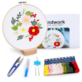 Embroidery Kit for Beginners, Flowers and Leaves Embroidery Practice Kit, Hand Floral Embroidery Starter Kit for Adults with Video Step by Step Instructions, Hoops, Threads and Needles (BEF011)