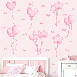 Watercolor Pink Wall Stickers Baby Girls Wall Decals Pink Balloons Wall Stickers for Girls Bedroom Peel and Stick Star Hearts Bow Art Vinyl Murals for Kids Playroom Nursery Daycare Baby Room Decor