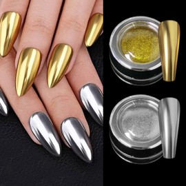 SMAILXIIYUE Silver Gold Chrome Nail Powder, 2 Jars Chrome Powder for Nails Glitter Magic Metallic Mirror Effect Pigment Powder for Nail Art (Gold & Silver)