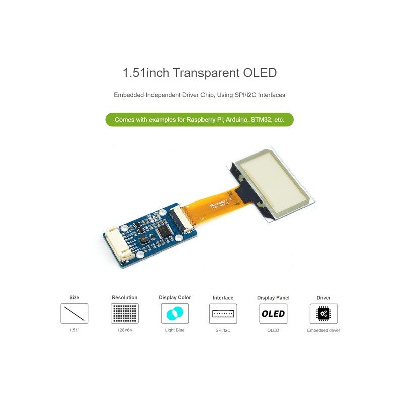 1.51inch Transparent OLED Display Module 128×64 Resolution Light Blue Color