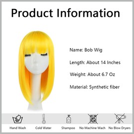 Yellow Bob Wigs,Short Bob Hair Wigs 14" Straight with Flat Bangs Synthetic Colorful Cosplay Daily Party Wig for Women Natural (Free Wig Cap)