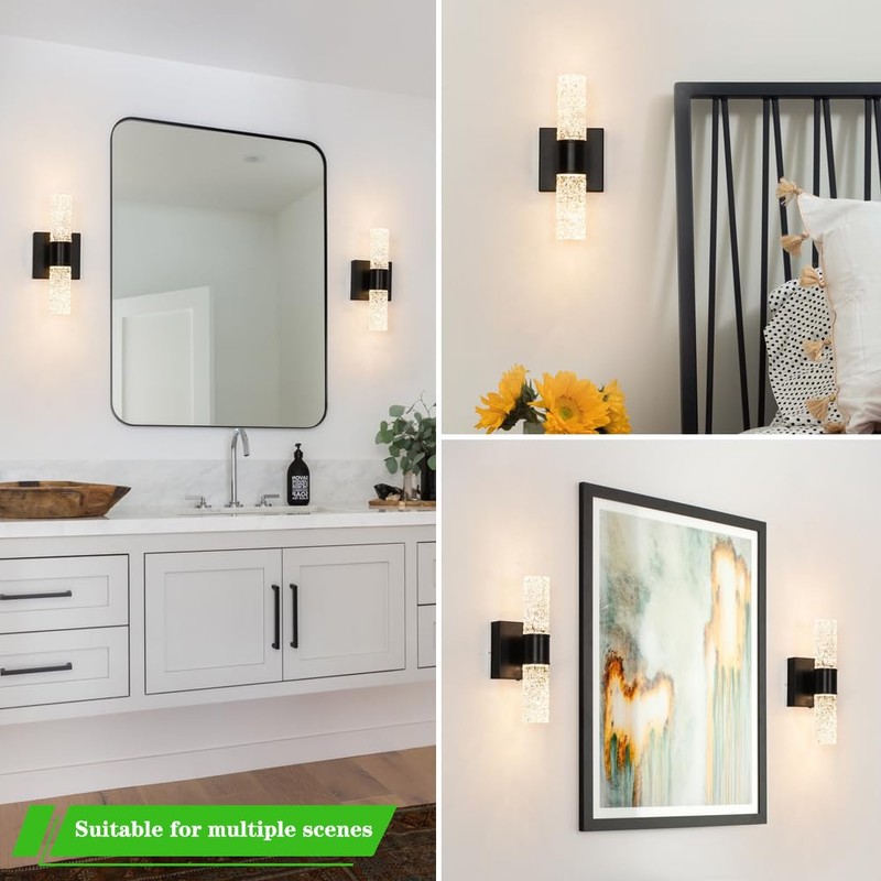 Ditoon Black Sconces Wall Decor Set of 2, Crystal Bathroom