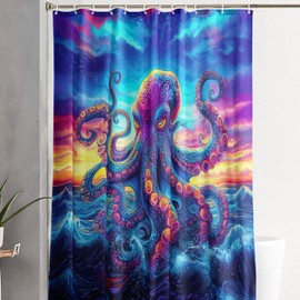 AILONEN - Juego de cortinas de ducha de pulpo, juego de cortinas de baño de pulpo de dibujos animados para niños, niñas y niños, juego de cortinas de ducha impermeables con ganchos para decoración de