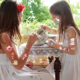 Tea Party Temporary Tattoos Stickers - 8 Sheets 400+ Pcs Fairy Wonderland Adventures Cute Floral Teapot Teacup Tattoo Stickers for Girls Kids Onederland Tea Birthday Party Favors Decorations Gifts