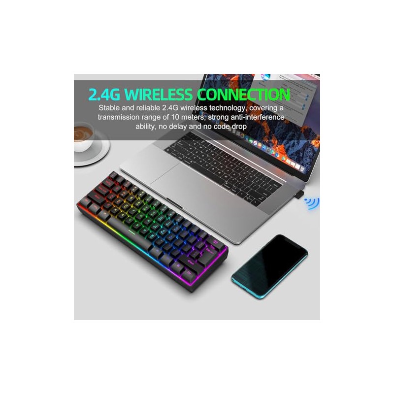 Teclado inalámbrico para Gaming, retroiluminación RGB, 61 Teclas Recargable, 2.4G,