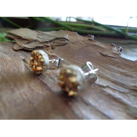 ◦•● Gold Agate Druse Replica Resin Stud ✿● Small Earrings in Gold Colour with Silver-Coloured Plugs