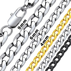 Bandmax Classic Curb Chain Necklace 4 mm/6 mm/9 mm Wide Cuban Link Chain for Women Men Boys Girls Hip Hop Cuban Chain Fashion Jewellery 36 cm to 76 cm Gold/Black/Silver, Metal, No Gemstone