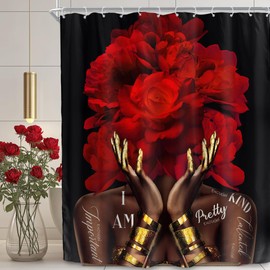 SVBright Extra Long African American Shower Curtain 72Wx84L Inch Red Modern Black Woman Gold Quotes Girl Girly Peony Floral Flower 12 Pack Hooks Polyester Waterproof Fabric Bathroom Bathtub Panels