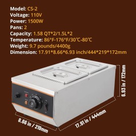 Garvee Commercial Chocolate Tempering Machine 2x1.58 QT Food Warmer 800W W/TEMP Control