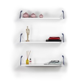 TREATLIFE HOME Transform Blank Walls with Rustic Floating Shelves, Triple Tier Metal Bracket for Books and Decor, White Blue
