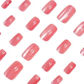 Cat Eye Press on Nails Medium Square Glue on Nails Glitter Glossy Fake Nails Pink Translucent Nails Press ons Solid Color Acrylic Nails Reusable False Nails for Women 24 Pcs