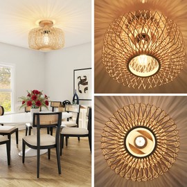 FRIDEKO HOME Ceiling Light Vintage Bamboo - Ceiling Light Wooden Lampshade Pendant Lamp E27 Lamp Holder Boho Rattan Lamp Diameter 30 cm Pendant Light for Kitchen Hallway Living Room Bedroom Dining
