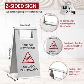 Kigley 2 Pcs Wet Floor Sign, 17 Inch Stainless Steel Caution Wet Floor Sign Double Sided Portable Foldable Bilingual Safety Warning for Hotel Market Restroom Restaurant Office (Silver)
