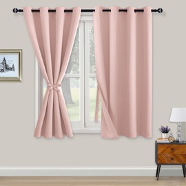 XWZO Opaque Blackout Curtains with Eyelets, 2 Pieces, Curtains with Tie Backs, Opaque Curtains for Bedroom, Living Room, Office, 138 x 132 cm, Light Pink