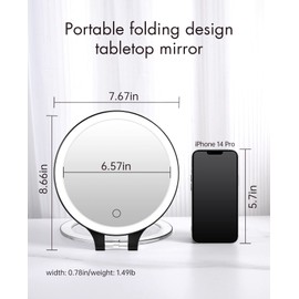 Espejo de aumento de 10 x 1 x doble cara, espejo de tocador de maquillaje recargable con 3 ajustes de color, rotación ajustable, espejo de escritorio LED negro