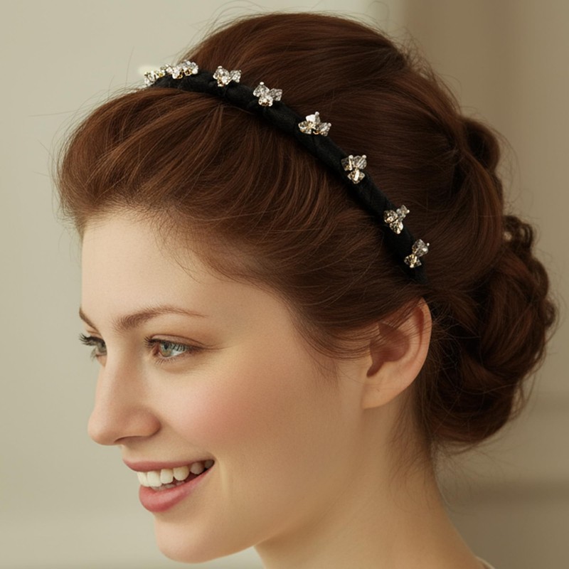 deladola Crystal Rhinestone Wavy Headband, Black Velvet with Teeth Design,