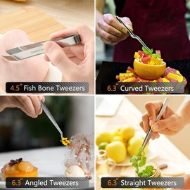 Professional 6 Pcs Stainless Steel Cooking Tweezer Tongs Set for Chef, Seafood, BBQ Etc, 12"and 6.3"