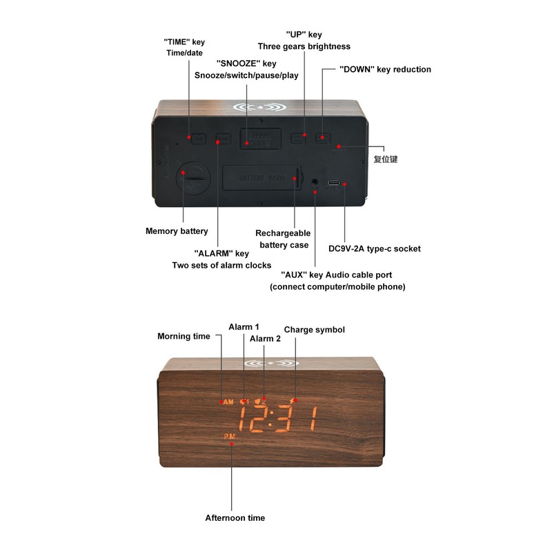 Wooden LED Clock Home Bedroom Brown Digital Alarm Clock with
