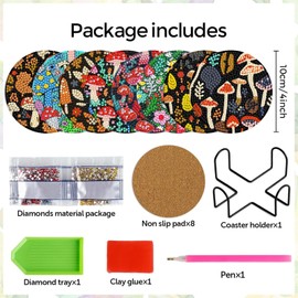 Leatrice 8 Pcs Mushroom Diamond Art Coasters DIY Craft Coasters Paint by Dots, Small Size,Mosaic Dot Painting Set,Beginner Friendly for Adults Beginners, Gift for Family & Friends