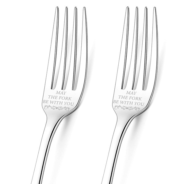 GLOBLELAND 2Pcs May The Fork Be with You Funny Engraved Forks with Gift Box Stainless Steel Dinner Forks Table Forks for Friends Families Festival Wedding