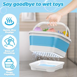Anivia Foldable Bath Toy Storage Organizer with Removable Base, Quick-Drain-Drying Bathtub Toy Holder Basket for Kids, Blue