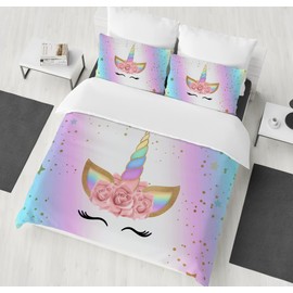 HZVRTN Children's Unicorn Bed Linen Set for Girls, Soft Microfibre Duvet Cover with Zip Pillowcase, 3D Unicorn Cartoon Bedding Set