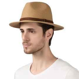 Lanzom Summer Beach Sun Hats for Men Women Foldable Floppy Travel Packable Staw Hat, Wide Brim Hat (Style C-Khaki, Large Size:Fit for 23"-23.6")