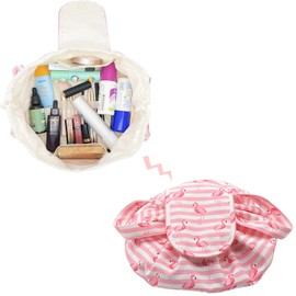 Large Barrel Drawstring Makeup Bag Travel Cosmetic Bag for Women - Portable Make Up Organizer Bag for Skin Care & Toiletries with Brush Holder & Pouch (Pink)